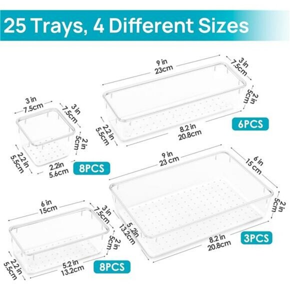 25 PCS Clear Plastic Drawer Organizers Set 4-Size Versatile Bathroom and Vanity - Picture 3 of 7